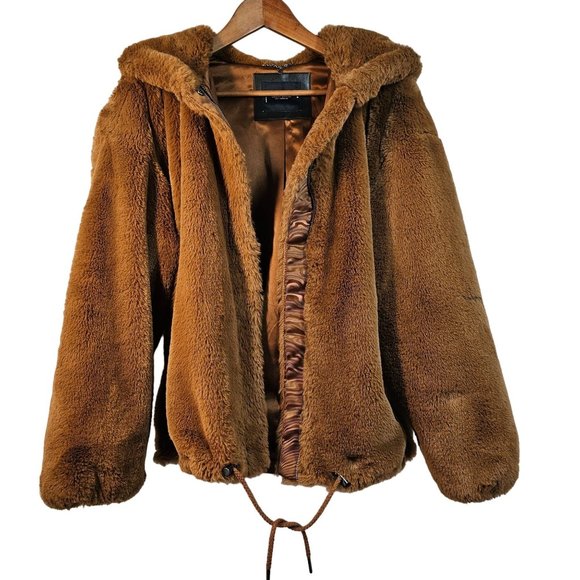 Lucky Brand Jackets & Blazers - Lucky Brand Faux Fur Hooded Bomber Jacket Full Zip Drawstring Hem Women M Brown
